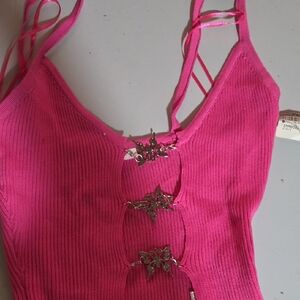 Pink Ribbed Crop Top with Butterfly Accents